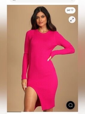 NWT Lulu's Hot Pink Ribbed Long-Sleeve Bodycon Dress